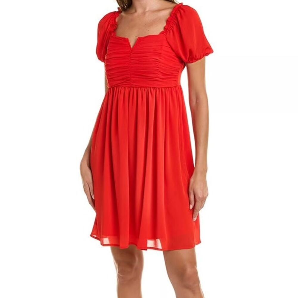Tahari ASL Cherry Red Chiffon Short Puff Sleeve Notch Mini Dress size 8 NEW Tags - Picture 2 of 11